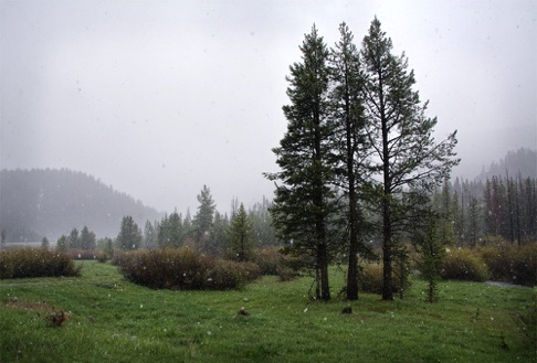 Sawtooth Mountains in snow storm